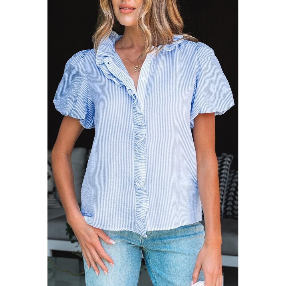 Women's Striped Button Down Shirt Casual Work Top Ruffle Stand Collar - Picture 3 of 8